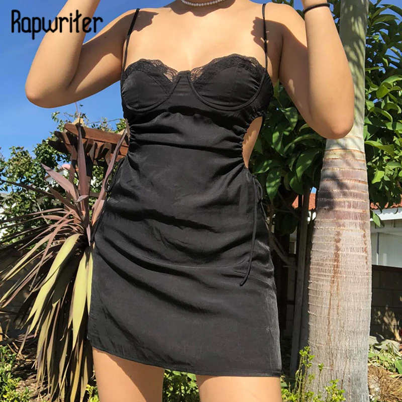 

Rapwriter Elegant Lace Patched Dress Y2K Women Sexy Hollow Out Dress Vintage Sleeveless Spaghetti Strap Dress Black Party Dress