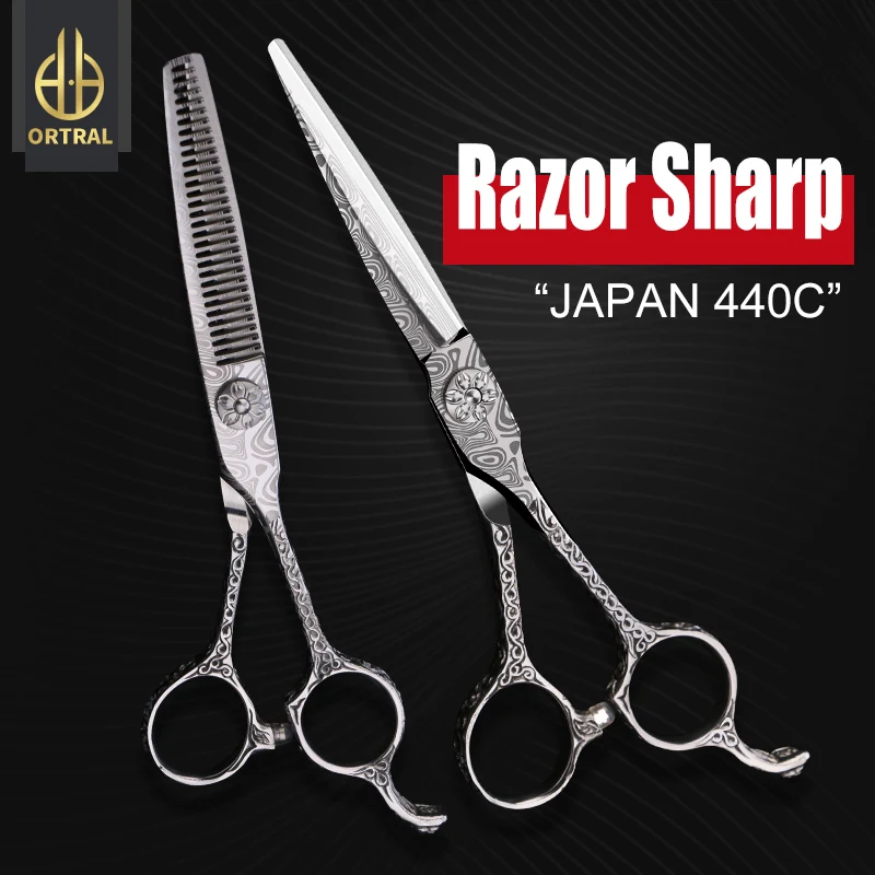 Damascus hair scissors professional high quality JAPAN 440C 6 inch hairdressing laser razor blade cutting thinning barber shears