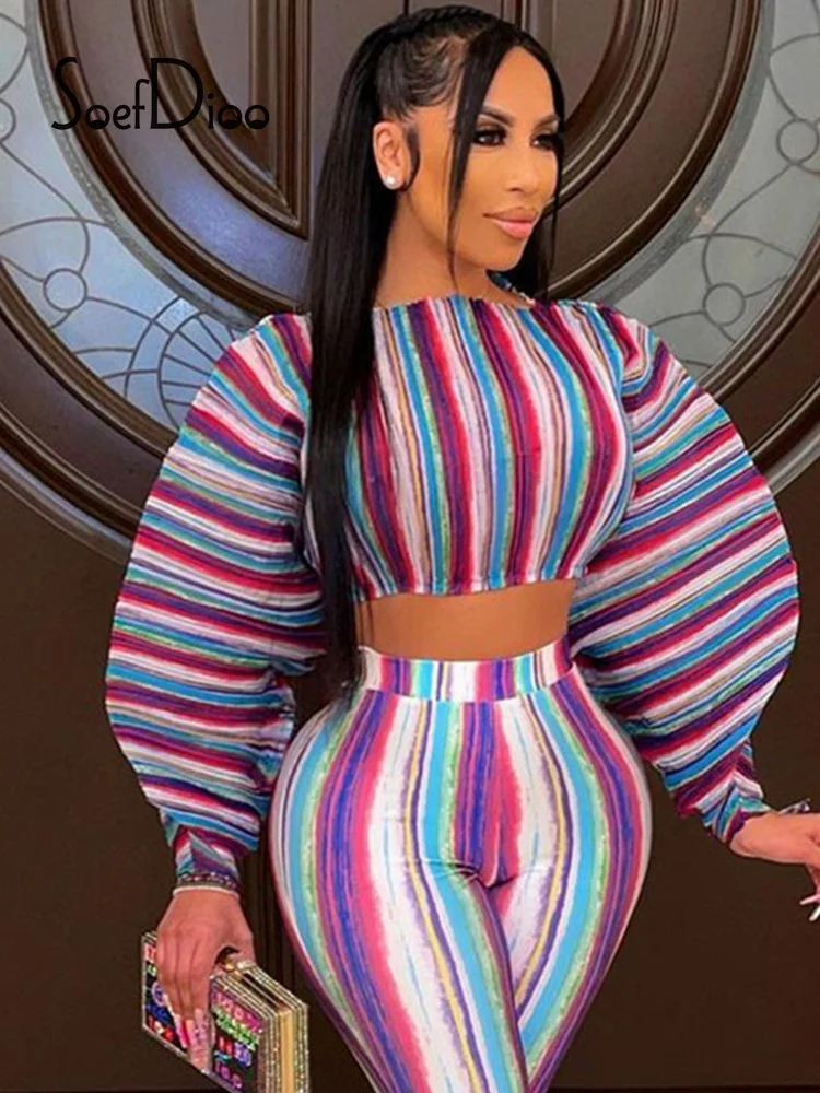 

Soefdioo свободные пуловеры в полоску с рукавами-фонариками и круглым вырезом, футболка, повседневный укороченный топ, женская одежда, зима 2021, ...