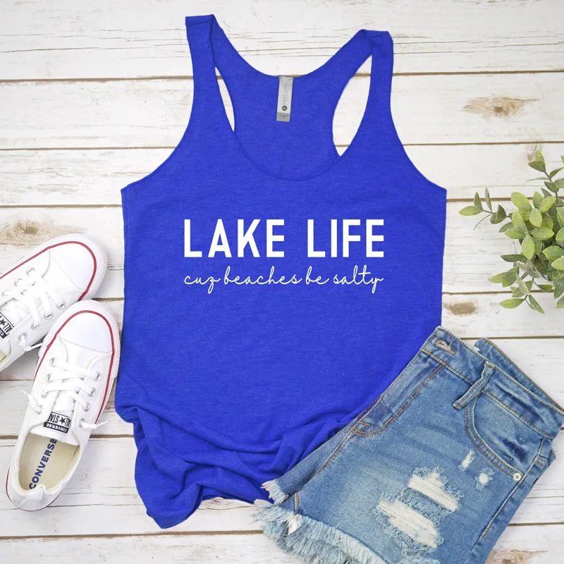 

Vest Lake Life Cuz Beaches Be Salty Tank Tops Summer Sleeveless Unisex Letter Slogan Vest Shirt Rackback Vacation Camisetas