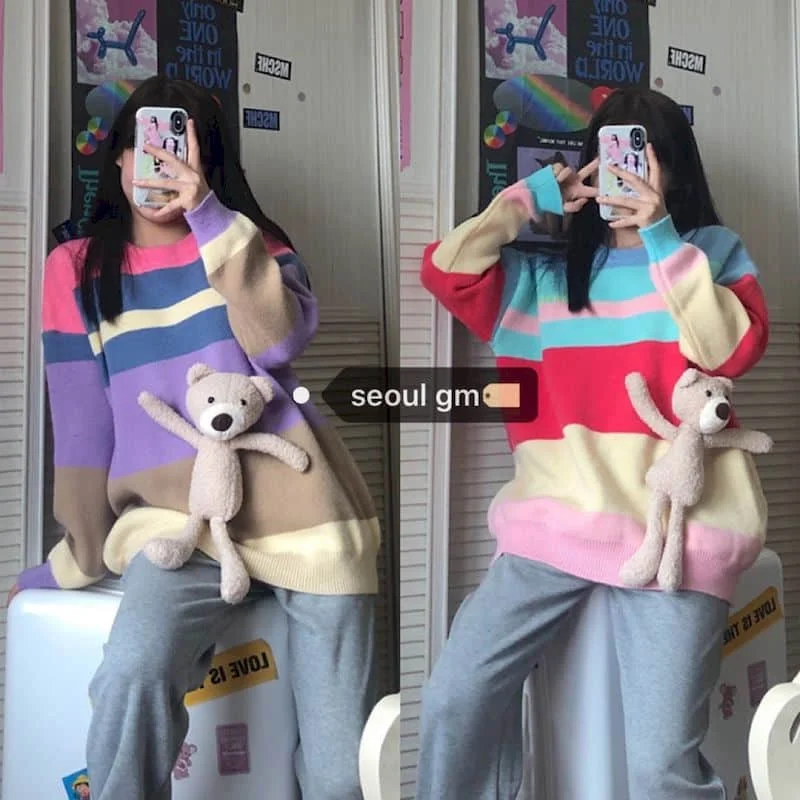 

Autumn suit female student Korean loose rainbow striped round neck knitted sweater + leisure sports bloomers two-piece suit