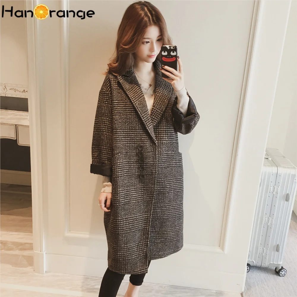 HanOrange/2021 однобортное пальто средней длины с длинным рукавом женское свободное