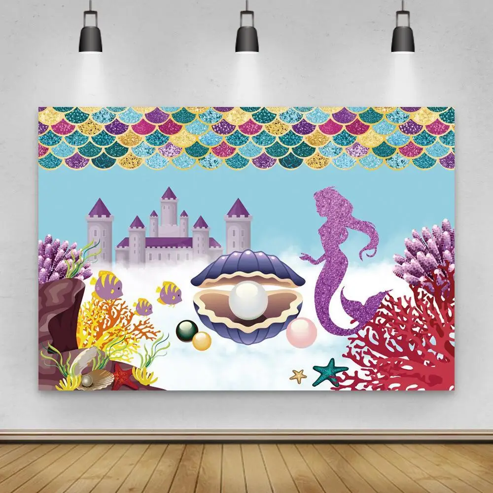 

Princess Mermaid Photography Background Underwater Theme Birthday Party Decoration Glitter Scales Backdrop Photo Studio Vinyl