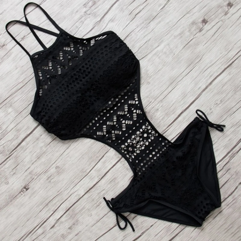

Sexy One Piece Swimsuit Backless Halter Beach Swimwear Crochet Bikini Bathing Suit 2020 Black Swimming Suit For Women