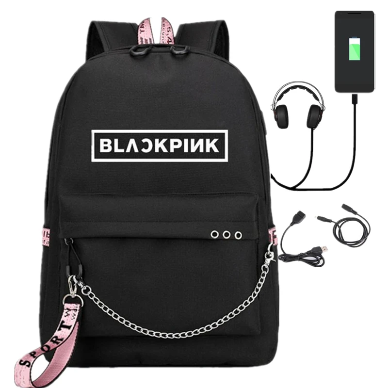 Love BlackPink Rose Lisa Fans USB Рюкзак Школьная Сумка Черный Розовый Mochila дорожные сумки рюкзак с цепочкой для ноутбука USB порт для наушников