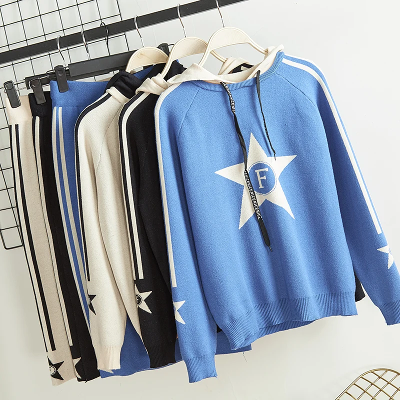 2019 Осенняя Женская трикотажная толстовка со звездами пуловер костюм и
