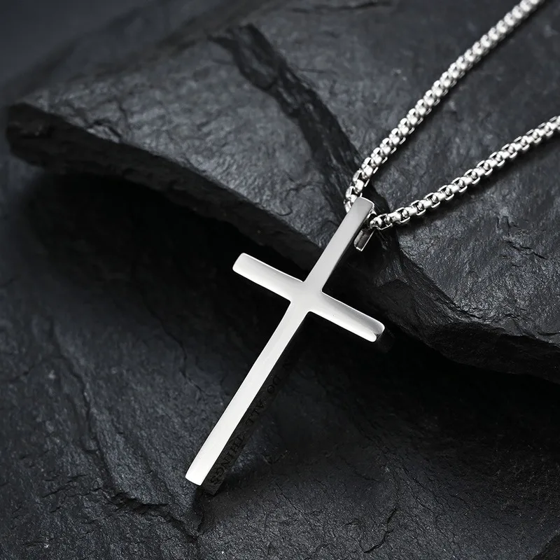 

Titanium Steel Cross Pendant Necklace Christian Inspirational Quotes I Can Do Everything Men and Women Couple Gift Unique Design
