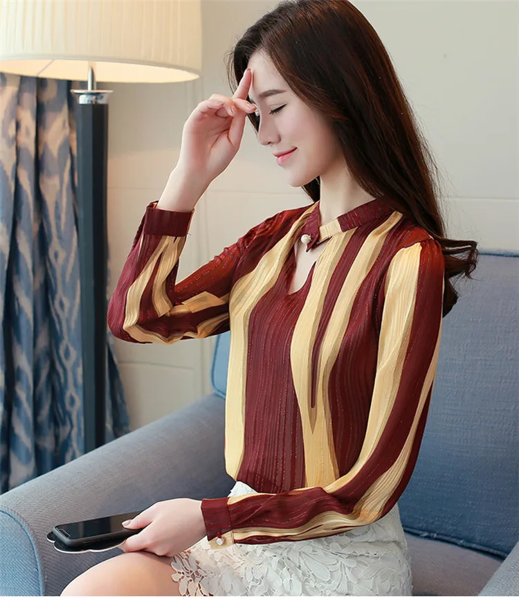 шифоновая Полосатая женская блузка рубашка женские топы и с длинным модная
