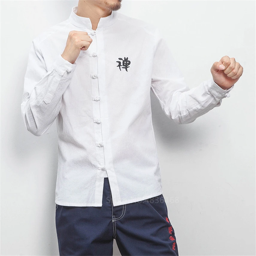 Мужской китайский топ Hanfu льняные рубашки Emboridery 2020 винтажная Kungfu Wu Tang Clan С Длинным