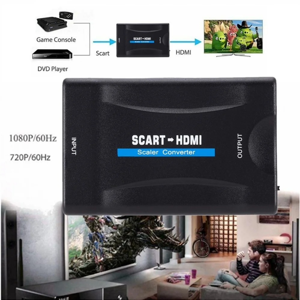PzzPss 1080P SCART To HDMI Video Audio Upscale Converter Adapter for HD TV DVD Sky Box STB Plug and Play DC Cable Hot Sale | Электроника