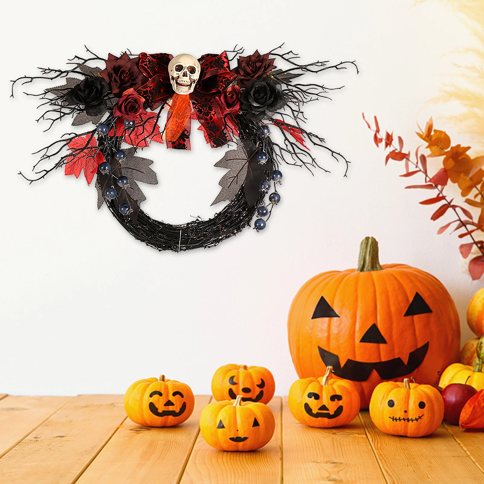 

Венок с черепом на Хэллоуин, красные и черные искусственные розы, венок из ротанга, подвесной домик, реквизит, светодиодные лампы, украшение ...