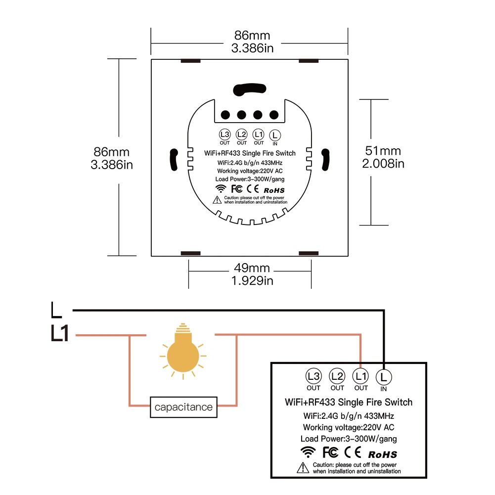 Новый WiFi смарт светильник RF433 без нейтральной проволоки с одним огнем Smart Life Tuya App