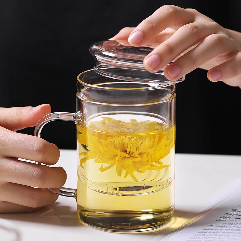 

High Borosilicate Glass Tea Cup Glass Tea Filter Cup With Lid Handle 400ml Glass Office Cup Resistance To Cold and Heat