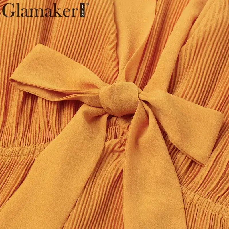 Женское шифоновое короткое платье Glamaker элегантное желтое плиссированное с v