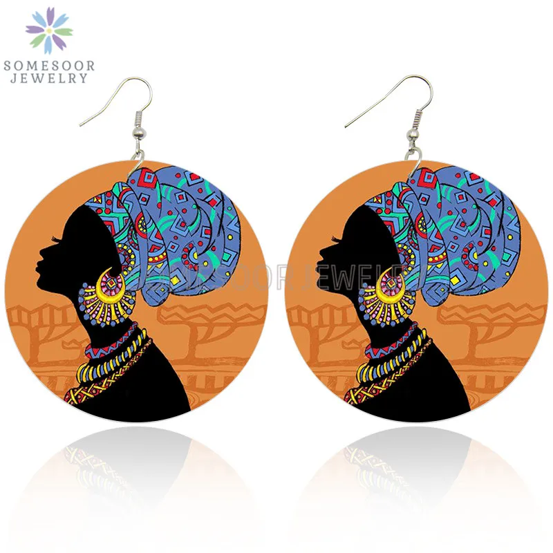 

SOMESOOR Afro Headwrap Lady Art Painted Wooden Drop Earrings African Ethnic Colors Bohemian Wood Dangle Jewelry For Woman Gifts
