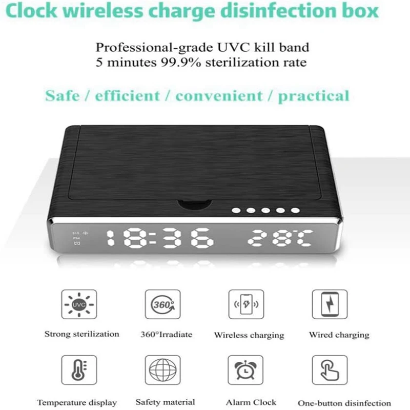 

Wireless Charger LED Digital Alarm Clock with UV Disinfection Box Phone Cleaner Thermometer Desk Clocks for Office Home