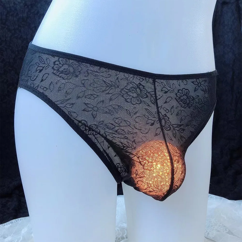 

Sexy Transparent brief Men sheer Lace Mesh underwear Bulge Pouch panties hot sissy erotic lingerie Jacquard soft Underpants