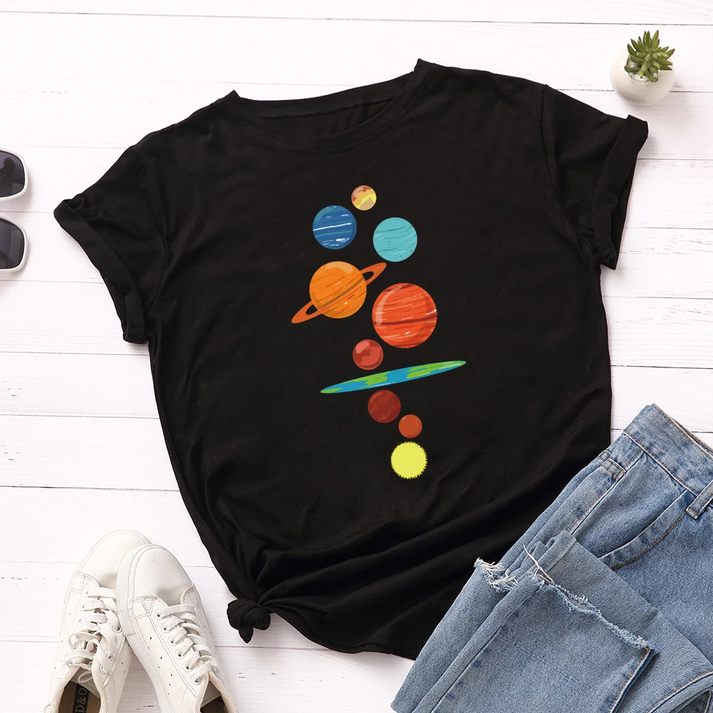 

Women Short Sleeve 100% Cotton T-Shirts Graphic Tees Summer Tops for Female Casual Oversized Clothes Planet Print Top Streetwear