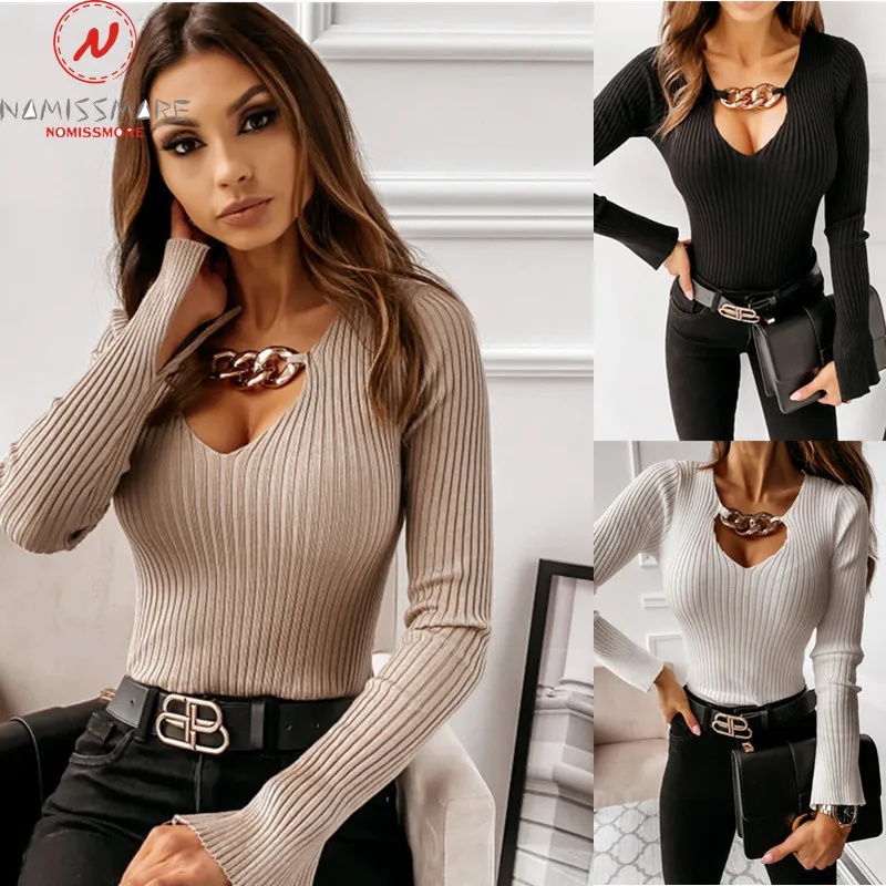 

Sexy Women Solid Color Sweaters Chain Decor V-Neck Long Sleeve Spring Autumn Slim Pullovers Top for Streetwear