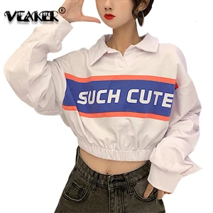 Укороченный топ в стиле Харадзюку женский с длинным рукавом, Милая Короткая Футболка в Корейском стиле, Женский пуловер с отложным воротником, осенняя одежда