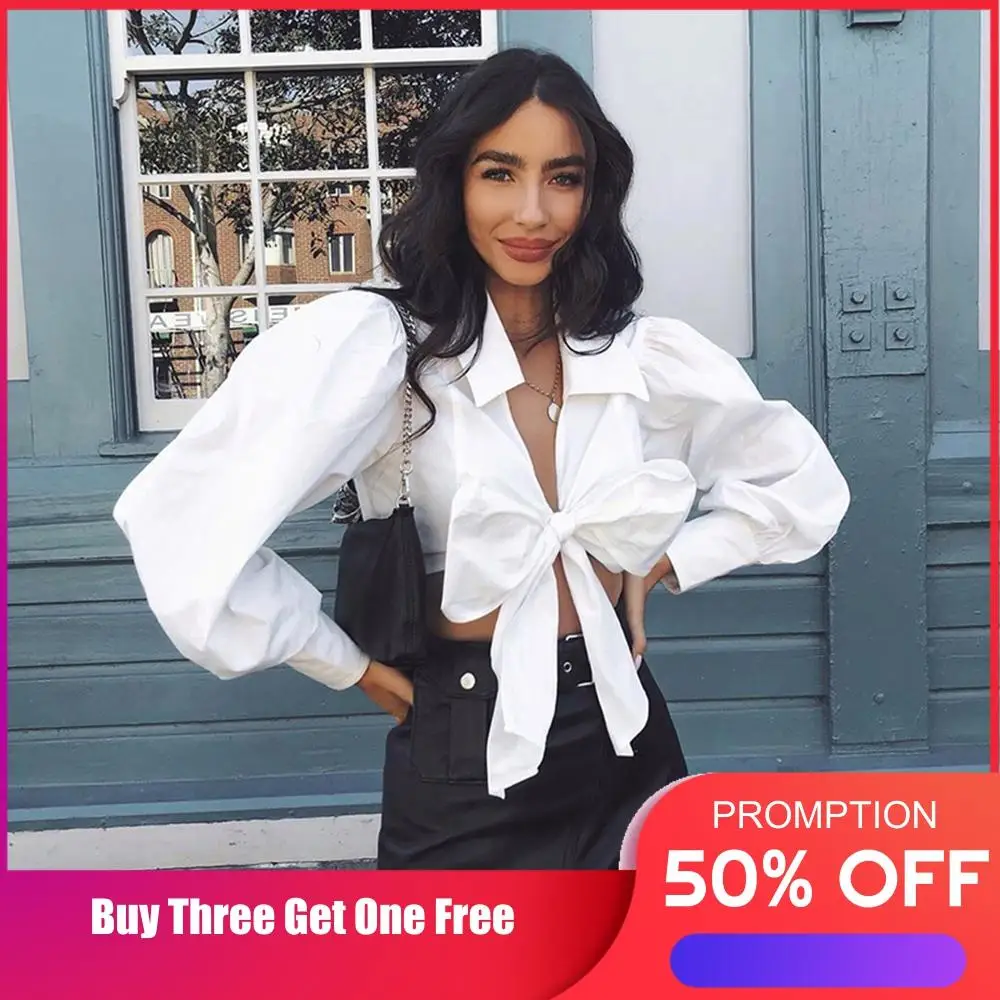 Женская блузка с рукавом-фонариком Three Ratels повседневная хлопковая бантом на