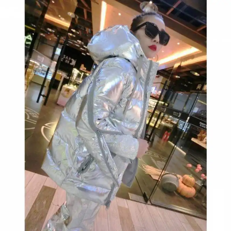Winter Thick Laser Sympony Hologram Long Coat Metallic Glitter Colorful Heavy Fur Hooded Jacket Cotton Blended