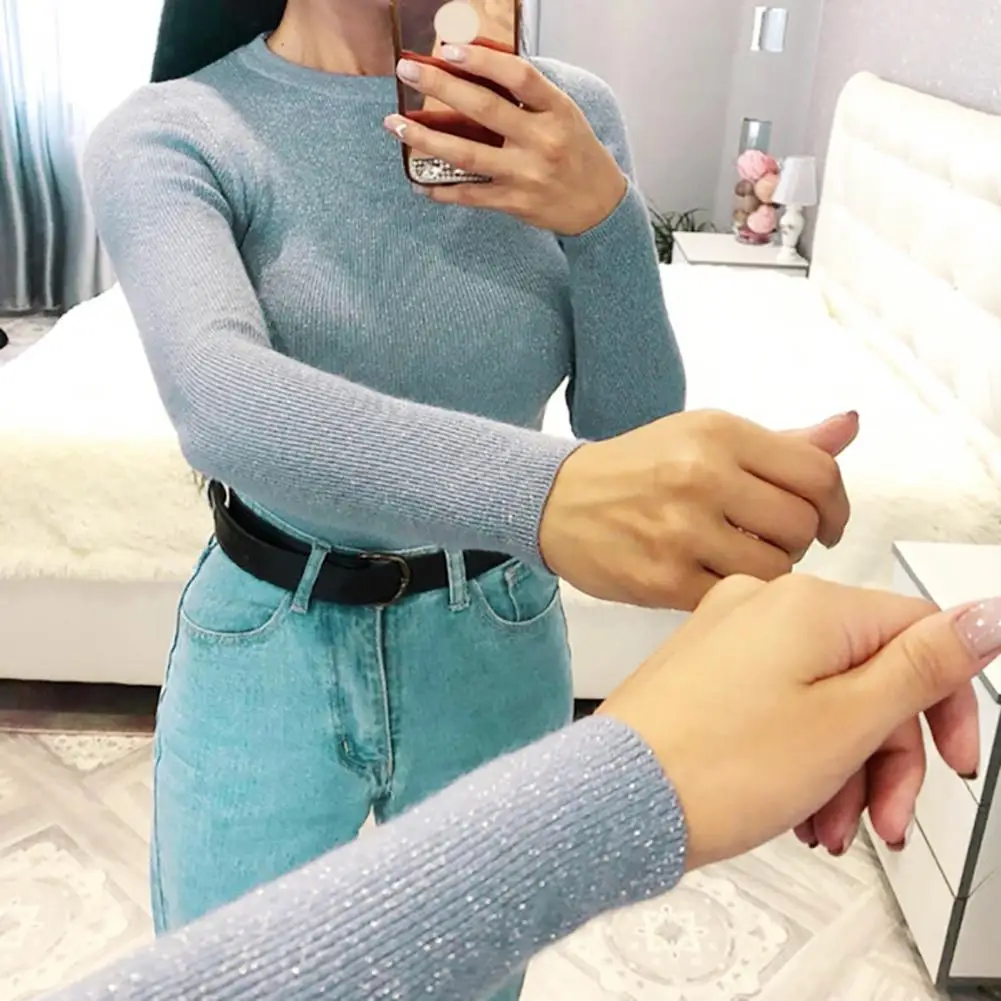 

Fashion Solid Color Shiny Women Sweater Pullover O-Neck Basic Skinny Knitted Top