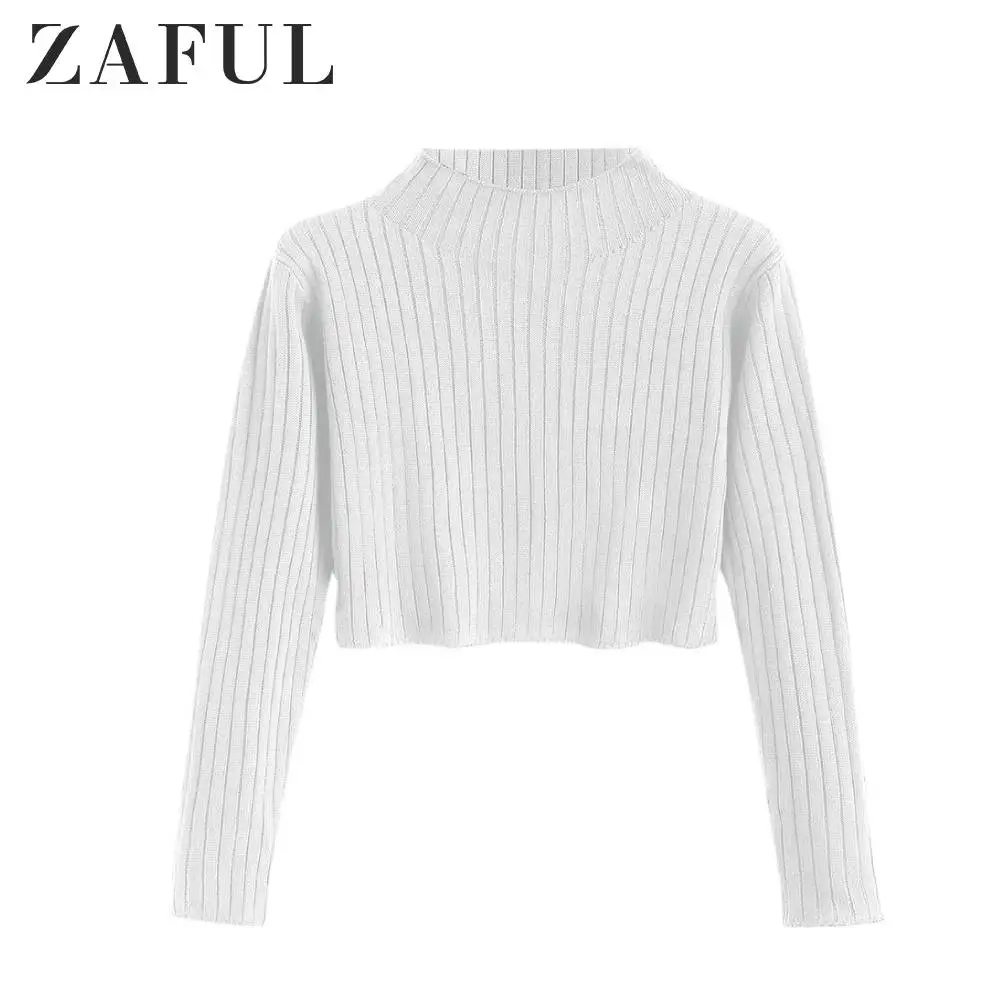 ZAFUL ребристый укороченный свитер с воротником и длинными рукавами Одноцветный