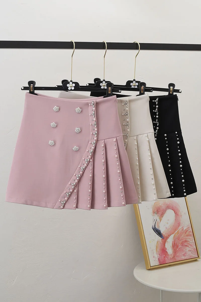 

Women's 2021 New Spring Double-Breasted Diamond Beaded Pleated Skirt High Waist Slimming A- Line Skirt