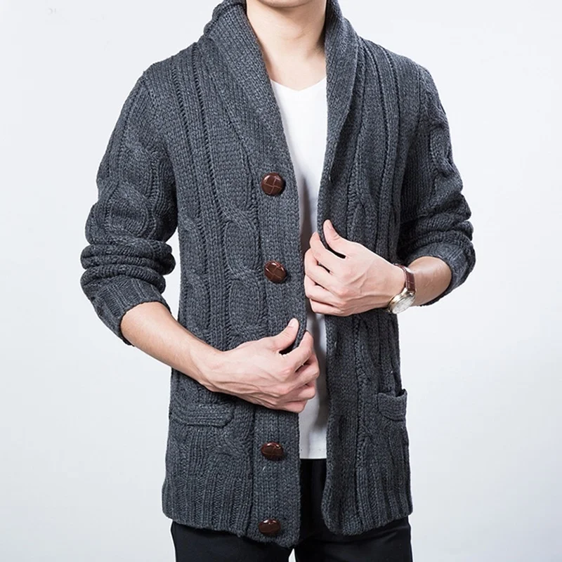 

Мужской свитер на осень и зиму, повседневная однотонная вязаная куртка, мужской модный теплый плотный теплый свитер с воротником-стойкой дл...