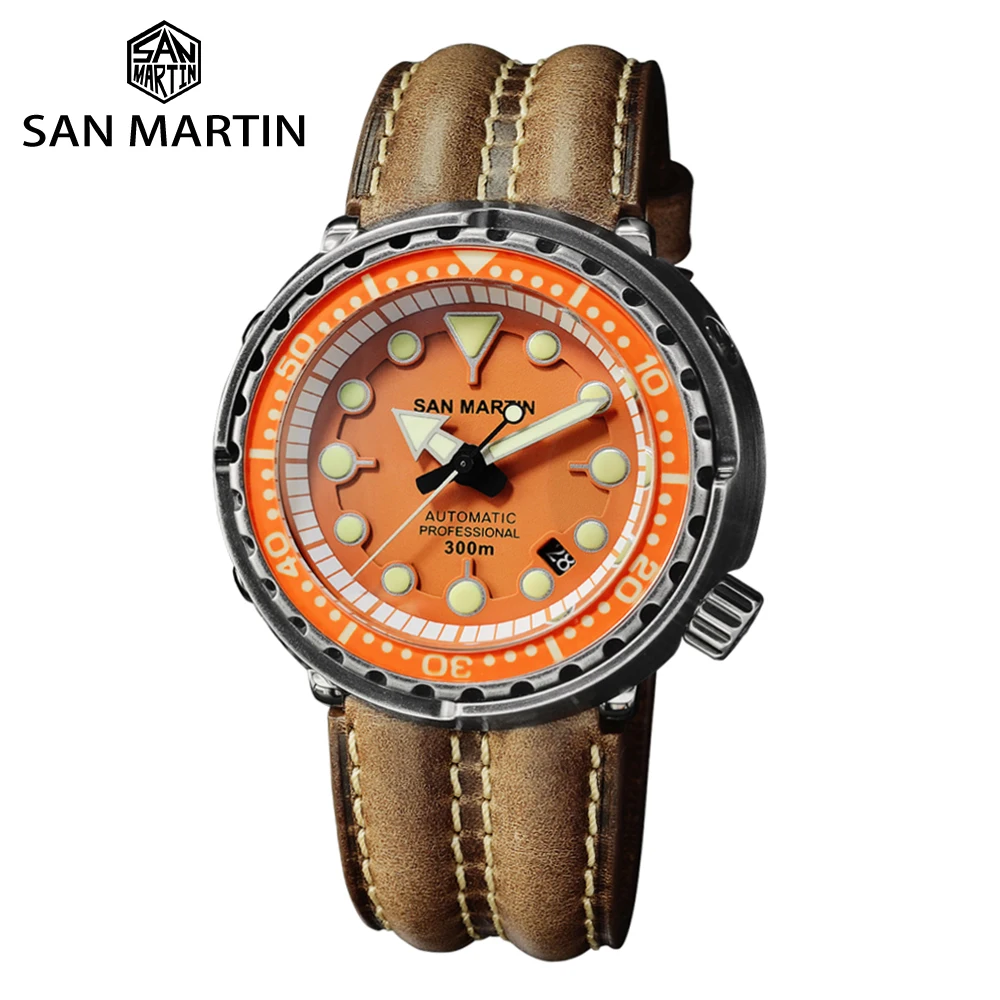 

Часы San Martin мужские с автоматическим движением, водонепроницаемые светящиеся в ретро стиле для дайвинга, с кожаным ремешком и сапфировым ст...