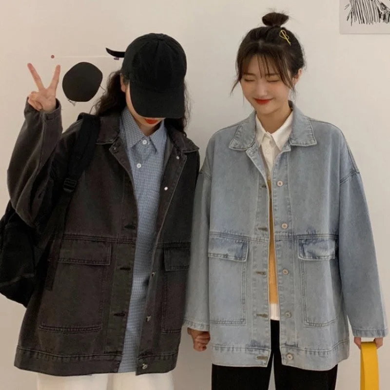 Женская джинсовая куртка в Корейском стиле, длинная синяя куртка большого размера с длинным рукавом, черная винтажная куртка в стиле Харадз...