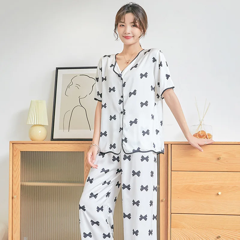 South Korea Summer Woman Pajamas Set Cotton Silk Short Sleeve Pajamas Thin Rayon Cotton Bowknot Woman Cardigan  Casual Home Wear