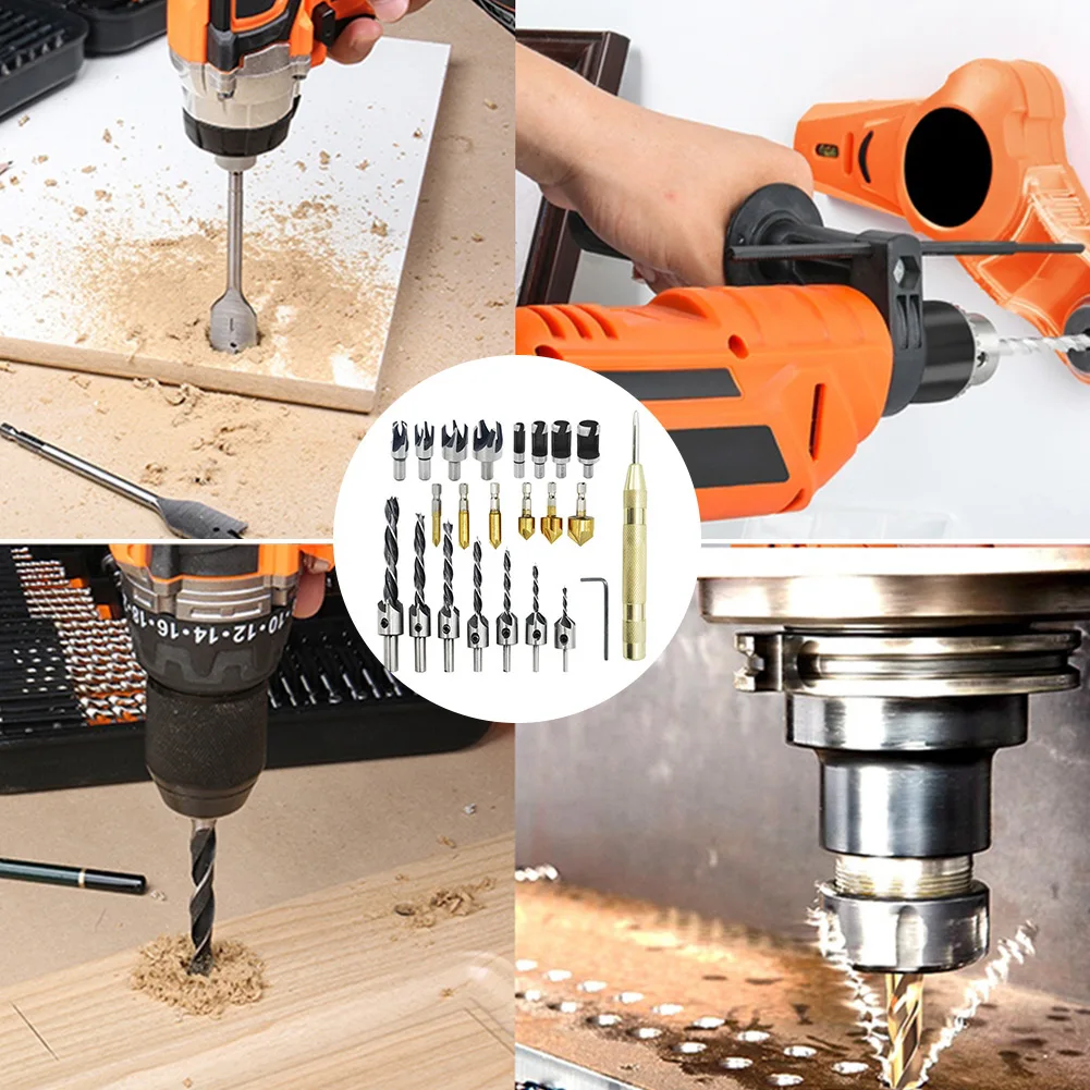 

23pcs Drill Bit Set Carbide Alloy Countersink Wood Plug Cutter Woodworking Chamfer Carpenter Reamer Accessories With L Wrench