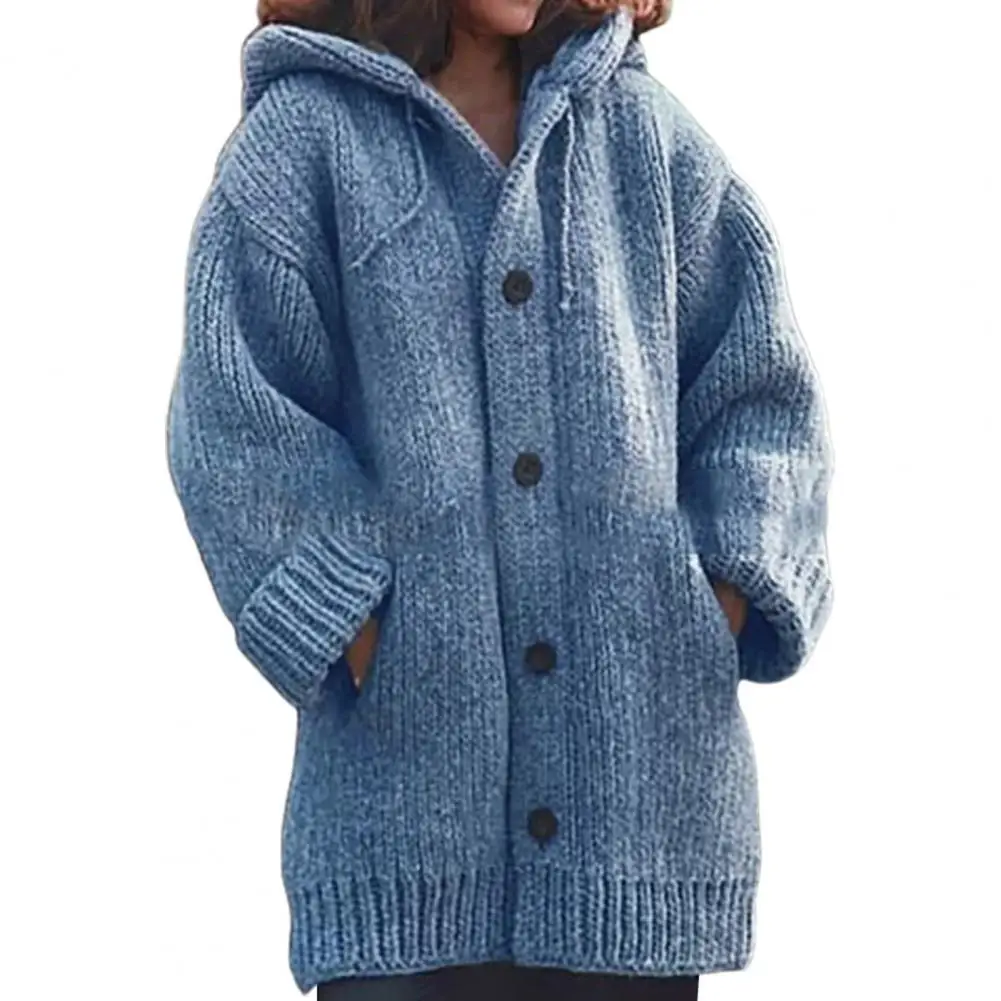 

Plus Size Women Sweater Coat Warm Solid Color Blended Faux Fiber Fabric Buttons Closure Hooded Cardigan Jacket Outerwear