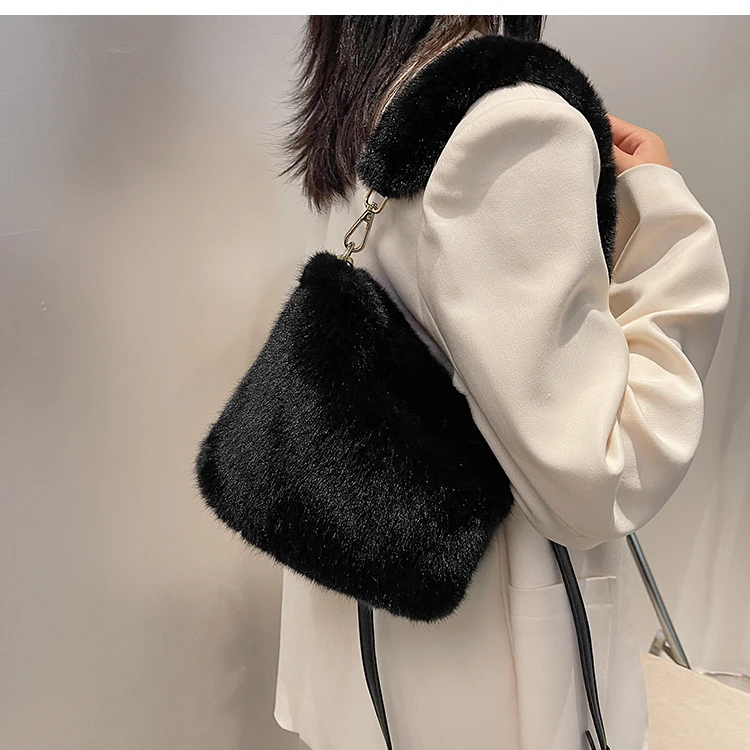 

women winter novelty luxury design faux fur bucket shoulder handbag for female plush black khaki grey cute fahsion crossbody bag