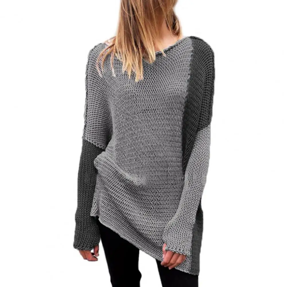 

Women Stylish Color Block Knitted Sweater Lightweight Long Sleeve Top O Neck for School