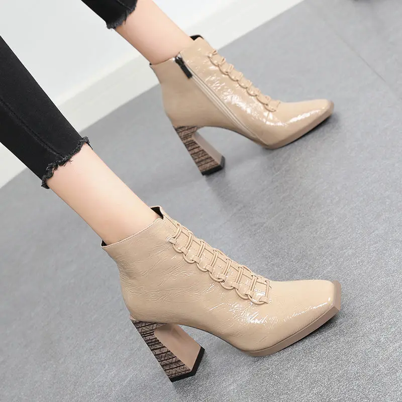 

2021winter New Horseshoe Heel Boots Women's Square Toe Fleece-Lined High Heels T-Type Tie Sexy Online Influencer Martin Boots