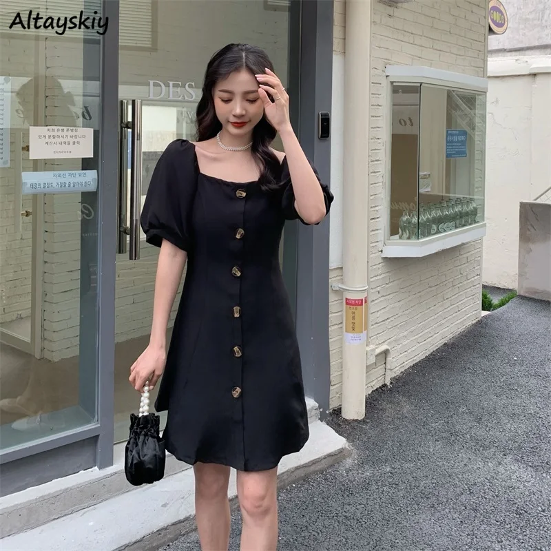 

Puff Short Sleeve Dress Women High Waist A-line Elegant Slim All-match Chic Retro Ladies Daily Black Summer Tender Mature Casual