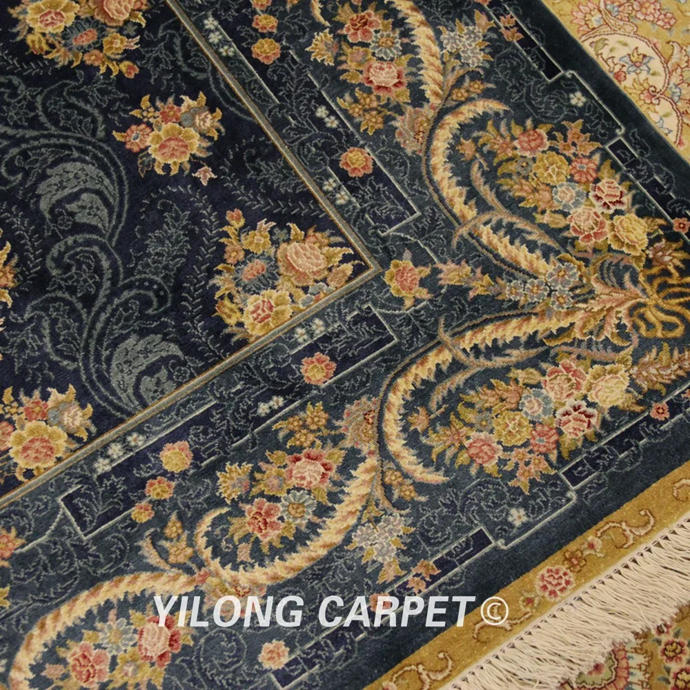 Yilong 4 5 'x 6 5' Синий турецкий традиционный шелковый ковер с цветочным узелком