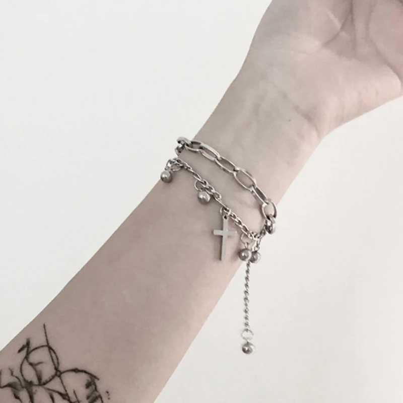 

Gothic Hip Hop Metal Cross Pendant Charm Bracelet for Women Female Beads 2 Layering Linked Chain Bracelets Cool Jewelry Gift