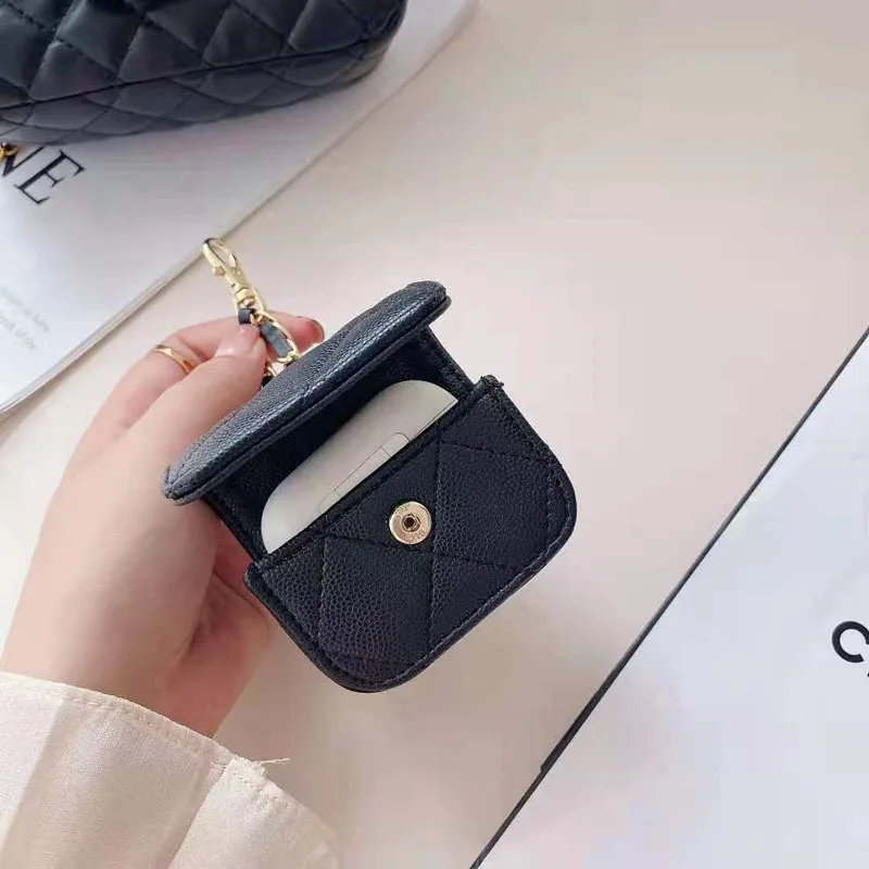 

2in1 Luxury CC Caviar Leather Chain Messenger Universal Bag for iPhone 12 11 Samsung S21 S20 Case + for Airpods 1 2 Pro Case