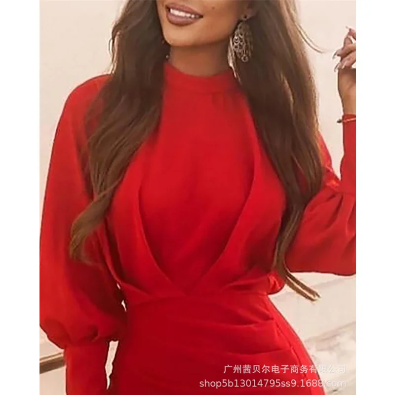 

Mandylandy Women Dress Lady Elegant Skinny Ruched Button Bodycon Dress Female Long Lantern Sleeve High Waist Party Evening Dress