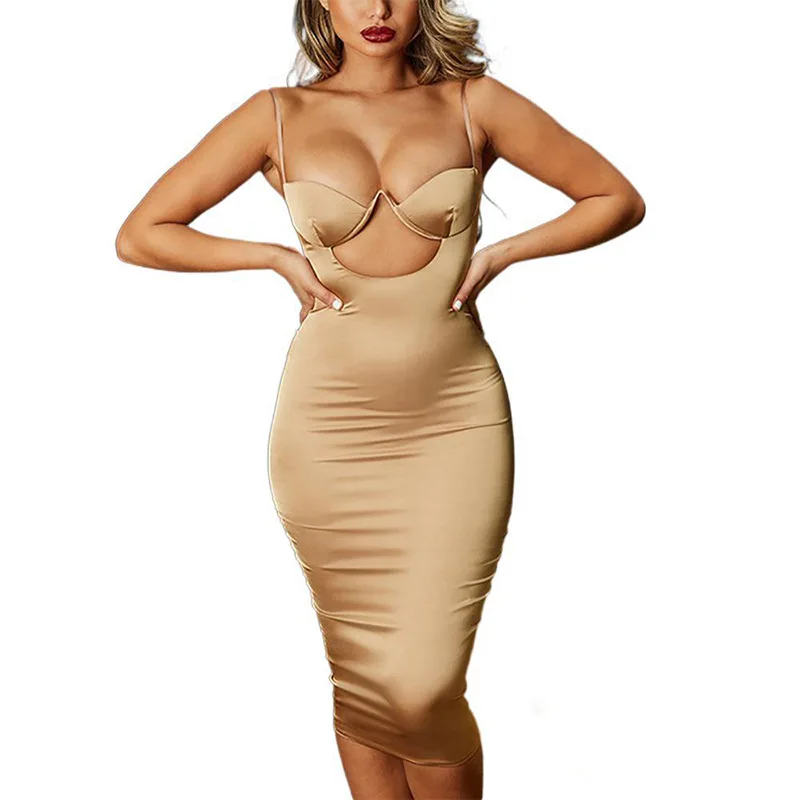 

Wepbel Women's Dress Nightclub Sexy Hollow-out Camisole Backless Slim Fit One-Step Solid Color Milk Silk Sheath Dress