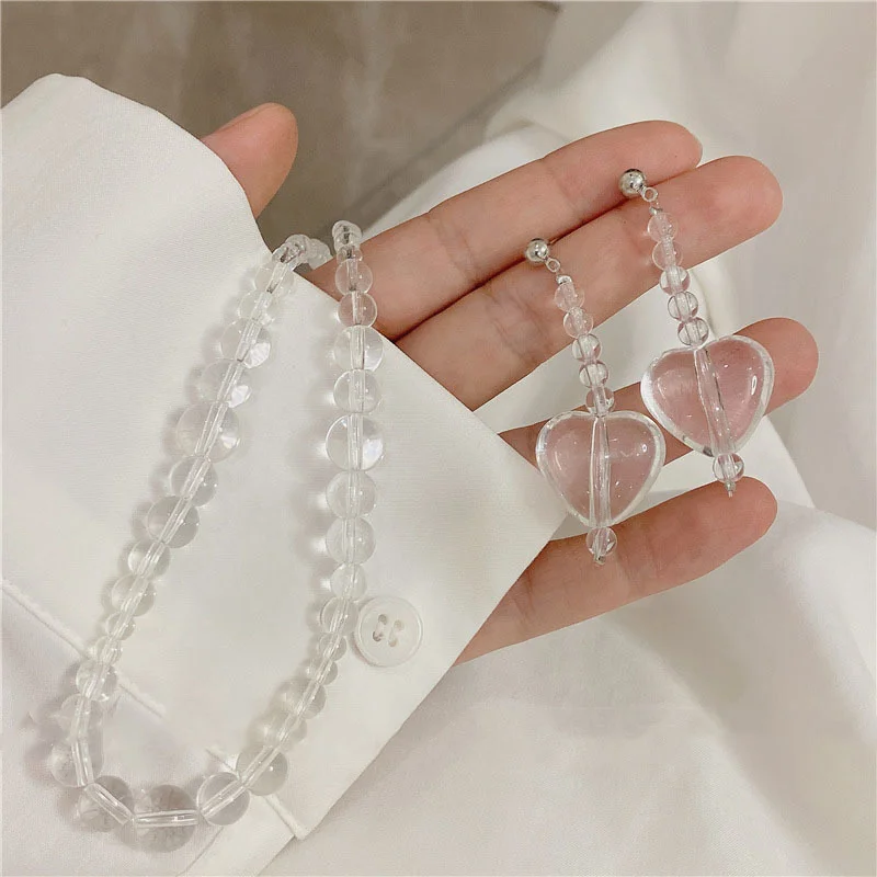 

Origin Summer Minimalist Transparent Love Heart Dangle Earrings for Women Girl Round Beaded Resin Long Tassel Earrings Jewellery