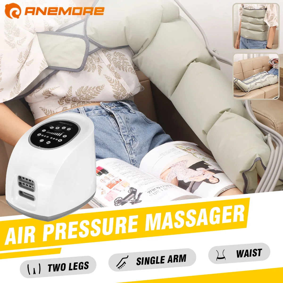 

ANEMORE Air Chambers Leg Compression Massager Vibration Infrared Therapy Arm Waist Pneumatic Air Wraps Relax Pain Relief Grey