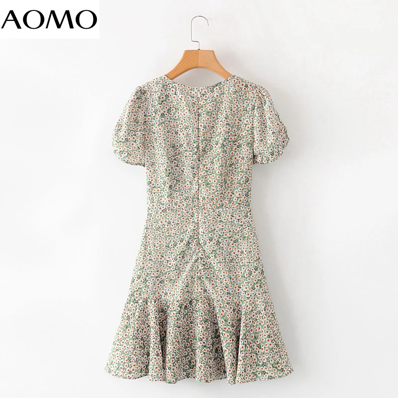 

AOMO 2020 fashion women flowers print summer dress v neck short sleeve ladies dress 2M28A