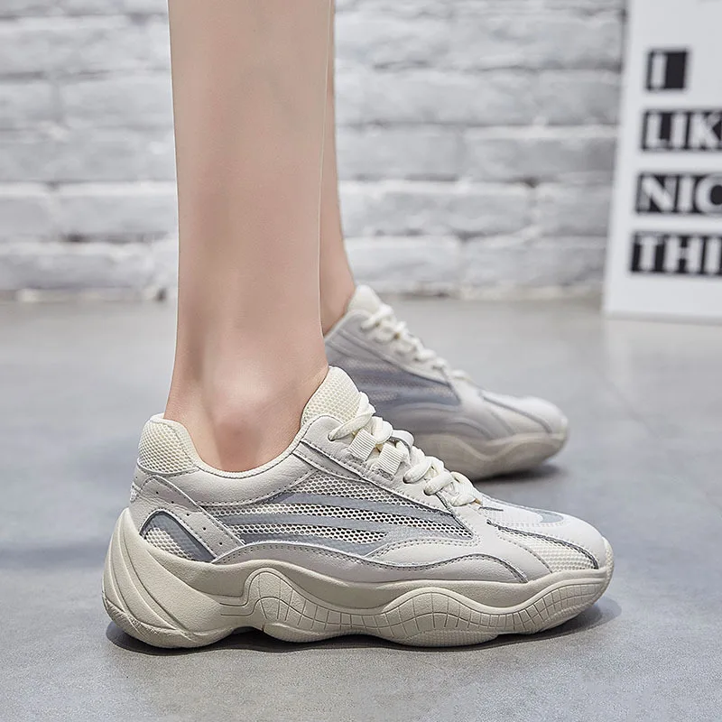Krasovki Genuines Sneakers Women Thick Bottom Fashion Dropshipping Autumn Spring Breathable Bling Mesh Leisure Solid Shoes | Обувь
