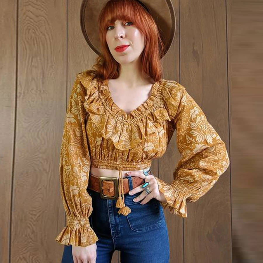 Женский укороченный Топ с длинным рукавом и v образным вырезом|Блузки| |