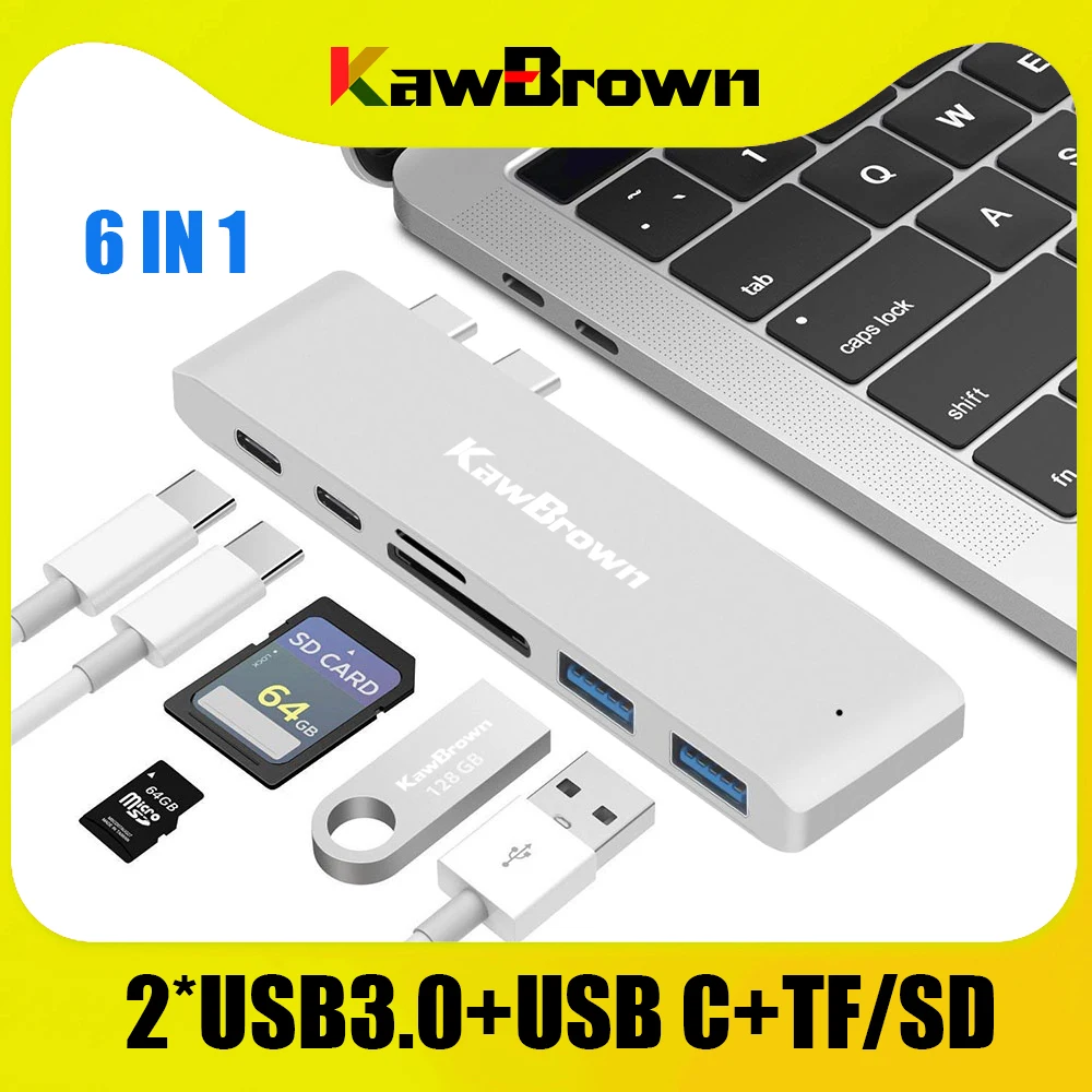 USB Док станция KawBrown 6 в 1 с двумя портами на 3 0/USB C/TF/SD карту/PD для MacBook Pro/Air